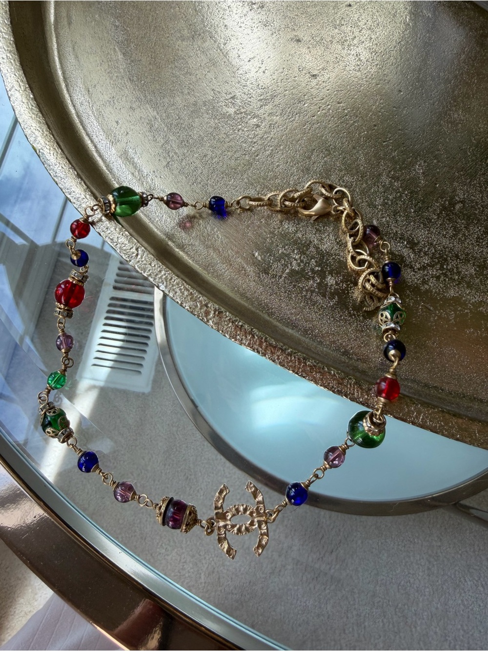 CHANEL Gold-Tone Multicolor Beaded Necklace with Interlocking CC Charm - Picture 7 of 11